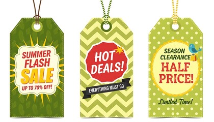 Three colorful sale tags advertising summer flash sale hot deals and half price season clearance
