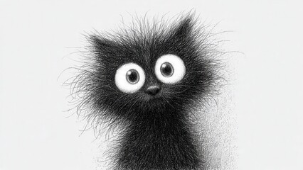 Whimsical black cat with exaggerated, fluffy fur and large eyes, rendered in grayscale