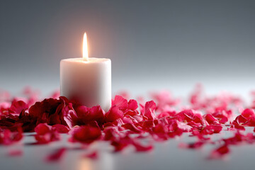 White candle burning with soft flame surrounded by red rose petal scattered on smooth surface creating romantic warm mood and soft glow