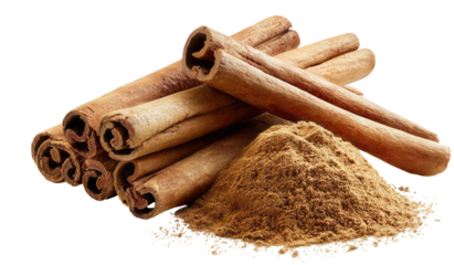 A pile of cinnamon sticks and ground cinnamon on a black background