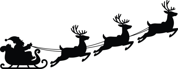 Magical Christmas silhouette of Santa Claus riding sleigh pulled by reindeer, festive holiday winter scene illustration for seasonal design and celebration themes