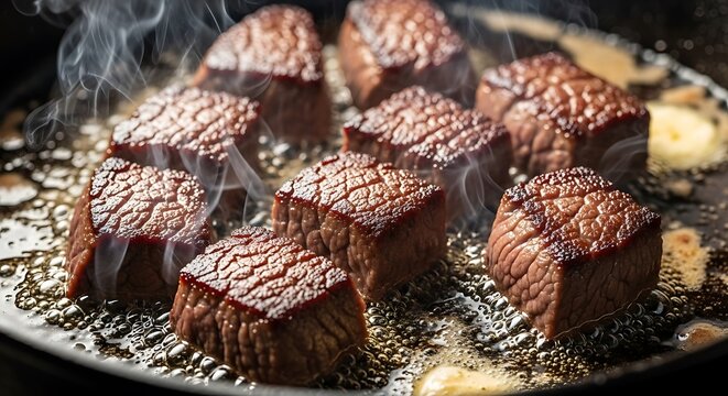 Delicious steak tips searing perfectly in hot melted butter