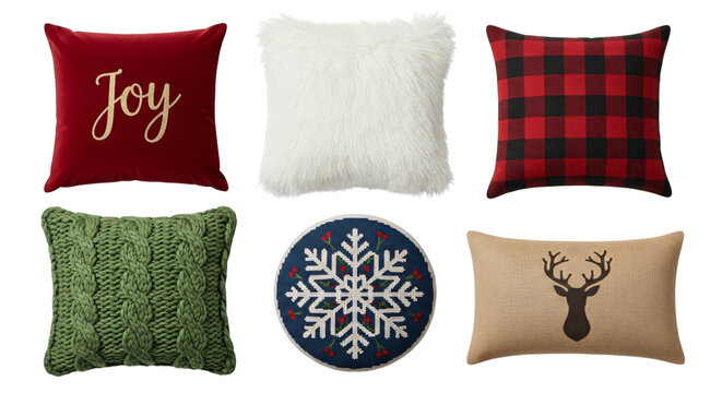 Six decorative throw pillows with winter and holiday themes, various colors, textures, designs, isolated on transparent background - Powered by Adobe