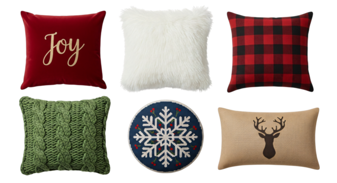 Six decorative throw pillows with winter and holiday themes, various colors, textures, designs, isolated on transparent background