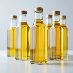 Glass bottles containing golden cooking oil for food preparation