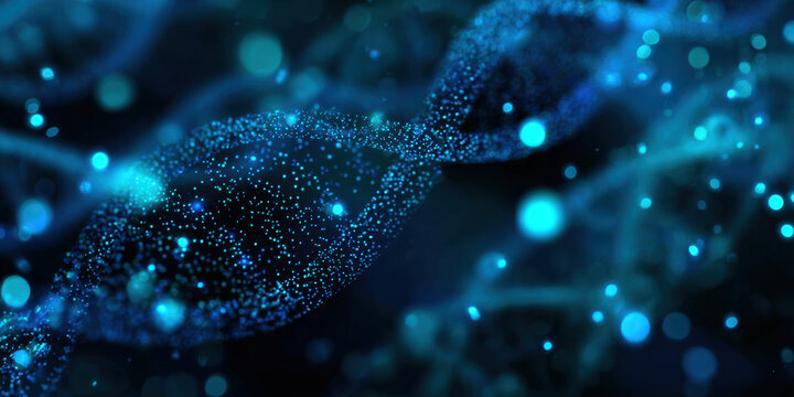 Blue DNA particle strand molecular pattern glowing abstract background conveying science innovation and biotechnology excitement