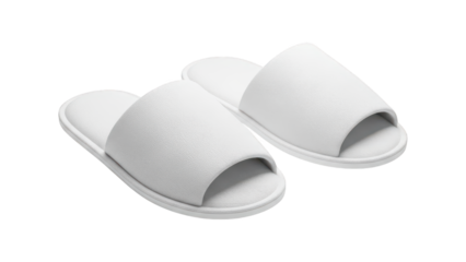 Pair of plain white disposable slippers displayed against a dark background