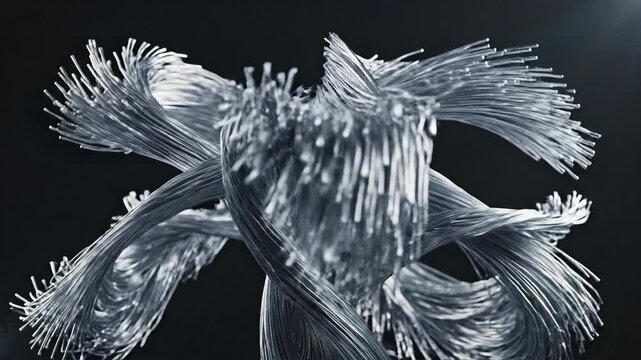 Silver strands twist and intertwine against a dark backdrop, catching light