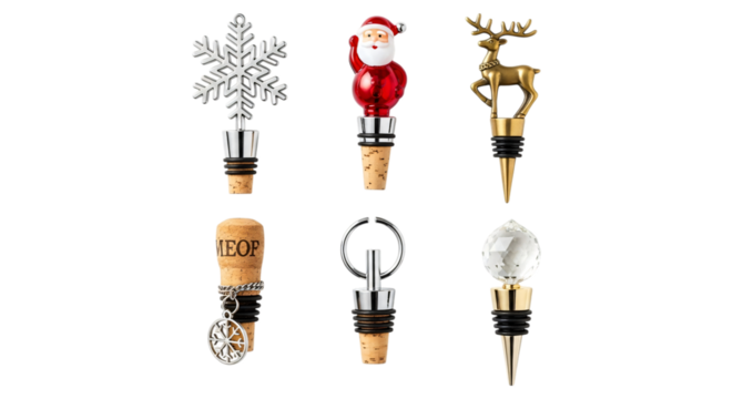 Festive and decorative wine bottle stoppers, including designs of a snowflake, santa claus, and a reindeer, along with classic corks, isolated on transparent background
