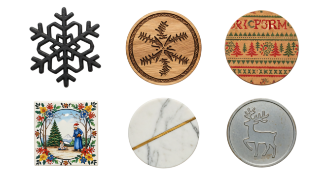 Christmas and winter items snowflake, cork coasters, embroidered winter scene, marble coaster, silver deer medal, isolated on transparent background