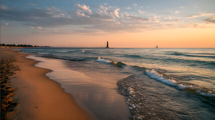 Beach sunset with waves breaking on the sand