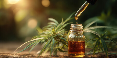 Golden botanical oil drop falls from glass dropper into small amber bottle beside hemp leaf and outdoor plant in warm natural light conveying wellness and natural remedy mood