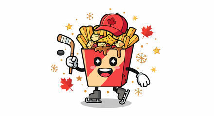 Cute Poutine Character Playing Hockey on Ice Skates.
