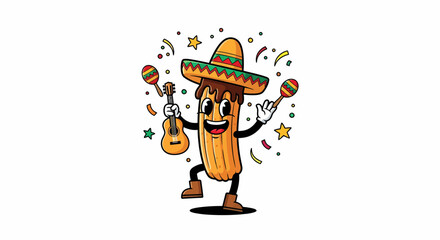 Festive Churro Cartoon Character with Sombrero and Musical Instruments.