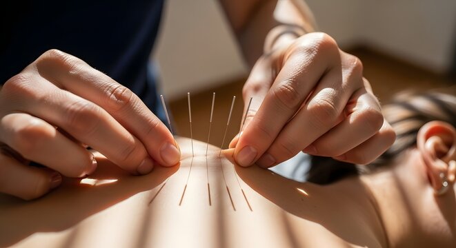 Person receiving acupuncture treatment with needles inserted into their back by practitioner hands - Powered by Adobe