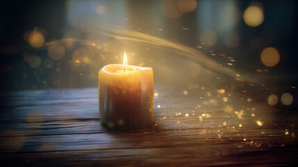 Glowing candle flame wax candle wooden table soft bokeh warm light spark trail
