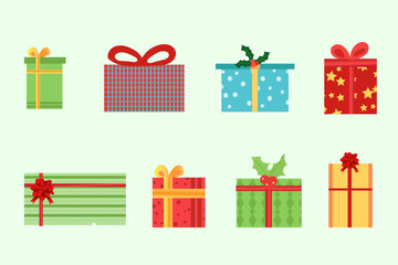 Set of Christmas gifts, New Year presents, gift boxes with ribbons, vector illustration in flat style