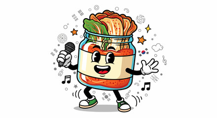 Kimchi Jar Cartoon Character Singing with Microphone.