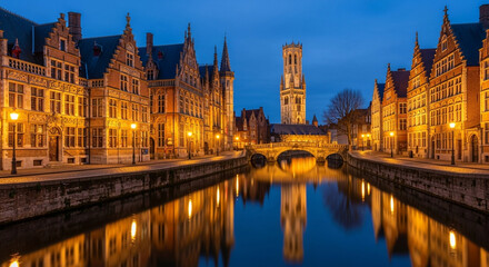 Fototapeta premium Historic canal lined with illuminated medieval buildings and a bell tower at dusk, reflecting in the water
