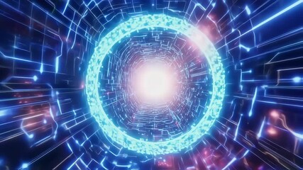 Futuristic digital tunnel with glowing energy and data flow visualization. - Powered by Adobe