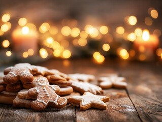 Gingerbread cookies on rustic wooden table with bokeh lights