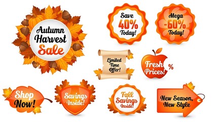 Collection of autumn harvest sale and discount offer labels and badges with fall leaves and apple motifs