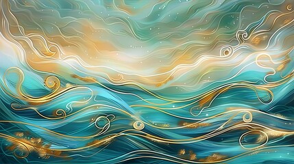 Abstract teal and gold wave painting with flowing lines and swirls artistic background design modern art elegant style