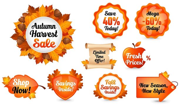 Collection of autumn harvest sale and discount offer labels and badges with fall leaves and apple motifs
