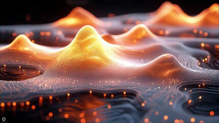 A 3D abstract visualization resembling a topographical map with glowing orange peaks and scattered light points on a dark, textured background.