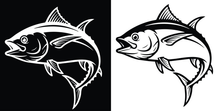 Detailed Jumping Tuna Graphic Element Showing Side View of Open Mouth and Powerful Movement