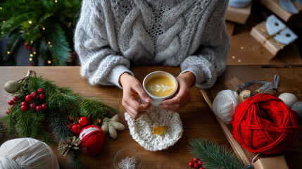 Overhead angle showing faceless individual with detailed holiday decor and knitting project in cozy setting, with copy space