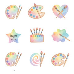 Whimsical watercolor illustrations of art tools and creative symbols, showcasing colorful paint palettes and brushes for artistic inspiration and imaginative expression