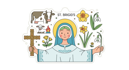 Vector collection of icons for St. Brigid's Day, featuring the saint, a traditional cross, and Irish spring symbols