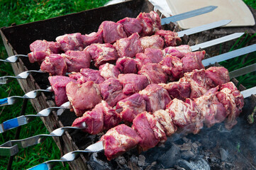 juicy barbecue on coals. fried meat on a fire. concept of outdoor recreation. roast beef on skewers