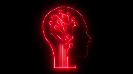 glowing neon artificial intelligence icon of human face animation on background . digital chip on brain for computer and technology illustration. 4k motion video animation . - Powered by Adobe