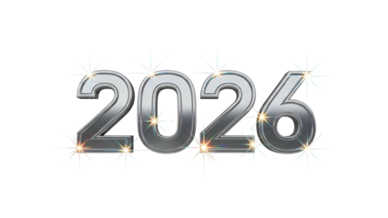 Shiny silver "2026" with starburst accents on a black background, representing the future