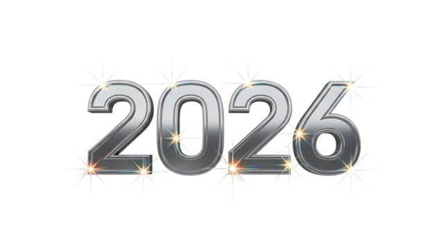 Shiny silver "2026" with starburst accents on a black background, representing the future
