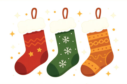 Festive Christmas stockings hanging on black background with golden stars &ndash; red, green, and orange holiday sock decorations with fluffy tops, perfect for seasonal celebration and gift themes.