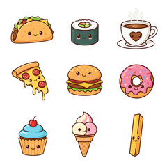 Charming set of kawaii food and drink illustrations with cute faces, including taco, burger, pizza, and sweets