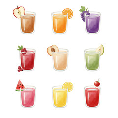 Watercolor collection of various fruit juices, vibrant and refreshing beverage illustrations for health and wellness