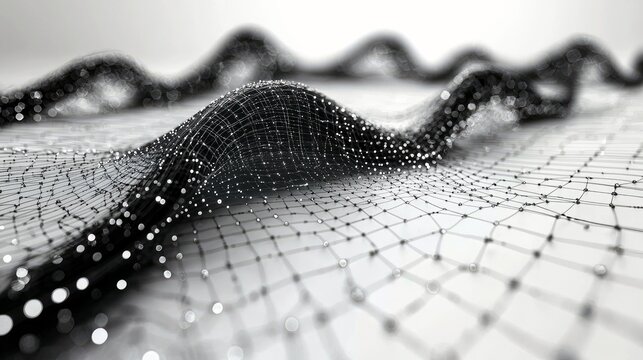 A close-up, abstract view of a black, interconnected network of lines and nodes, resembling a digital mesh or a neural network. Small, bright, glowing particles