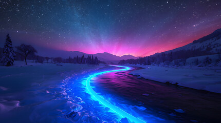 Neon Light Trail Flowing Through Winter Landscape at Night &ndash; Futuristic River Under Starry Sky