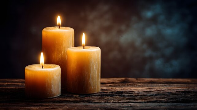 Three burning pillar candles creating a warm and serene atmosphere on a rustic wooden table against a dark background.