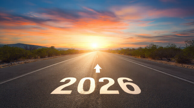 Road toward sunrise with painted year 2026 and arrow on asphalt, desert landscape, dramatic colorful sky conveying hope and new beginning