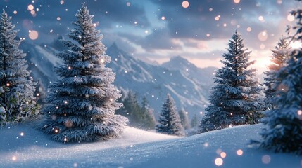 Magical winter wonderland with snow covered pine trees and sparkling bokeh lights at sunset