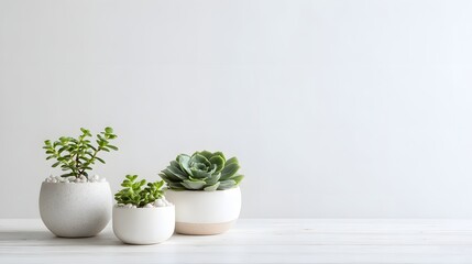 Fototapeta premium Three potted succulent plants on a white table against a light background.