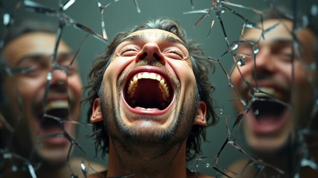 Man laughing maniacally shattered mirror fragments multiplying faces distorted grins
