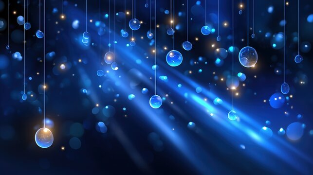 Abstract blue background with glowing bubbles and shimmering light rays