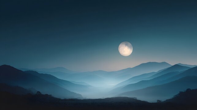 Tranquil night landscape with a full moon over misty mountains.