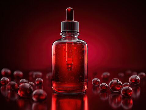 Red serum bottle dropper bottle red liquid glass bottle liquid serum cosmetic serum antiseptic liquid transparent dropper glass dropper red background